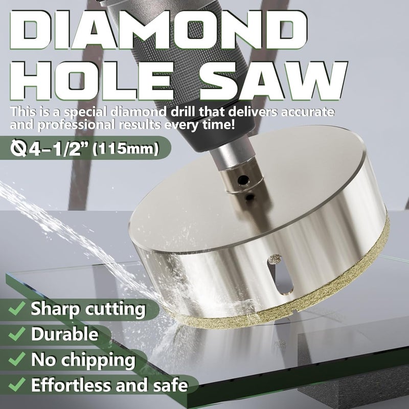 CSOOM 4-1/2"(115mm) Diamond Hole Saw with Center Drill Bit, One-Touch Positioning, Easy to Penetrate Hard Materials Such as Ceramic, Tile, Glass, Granite, Marble, etc. - Image 3